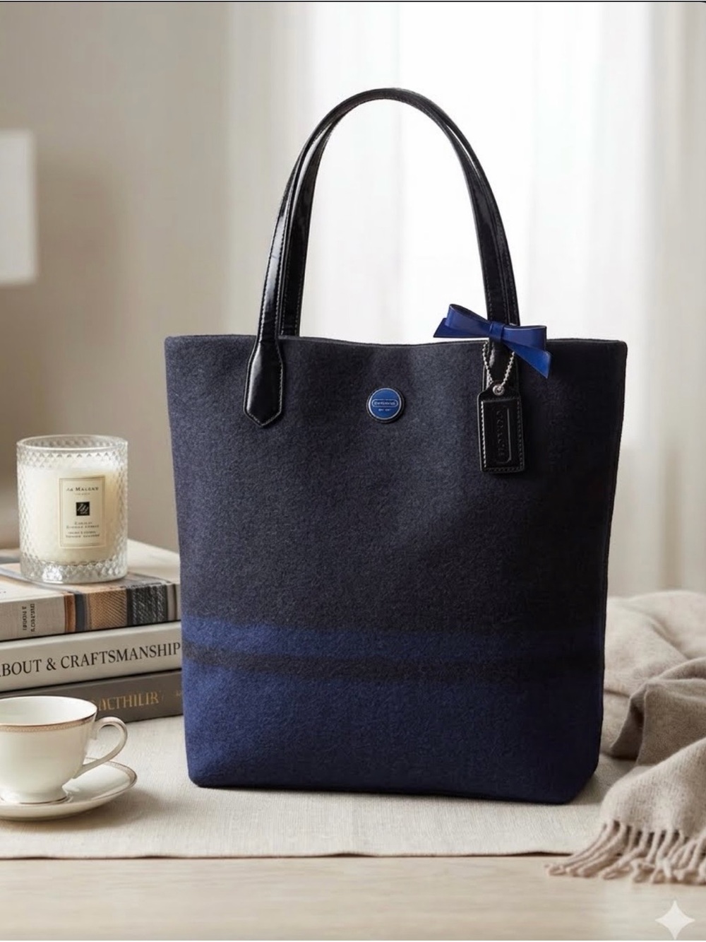 Coach Navy & Charcoal Wool Tote with Patent Leather Handles and Bow Accent